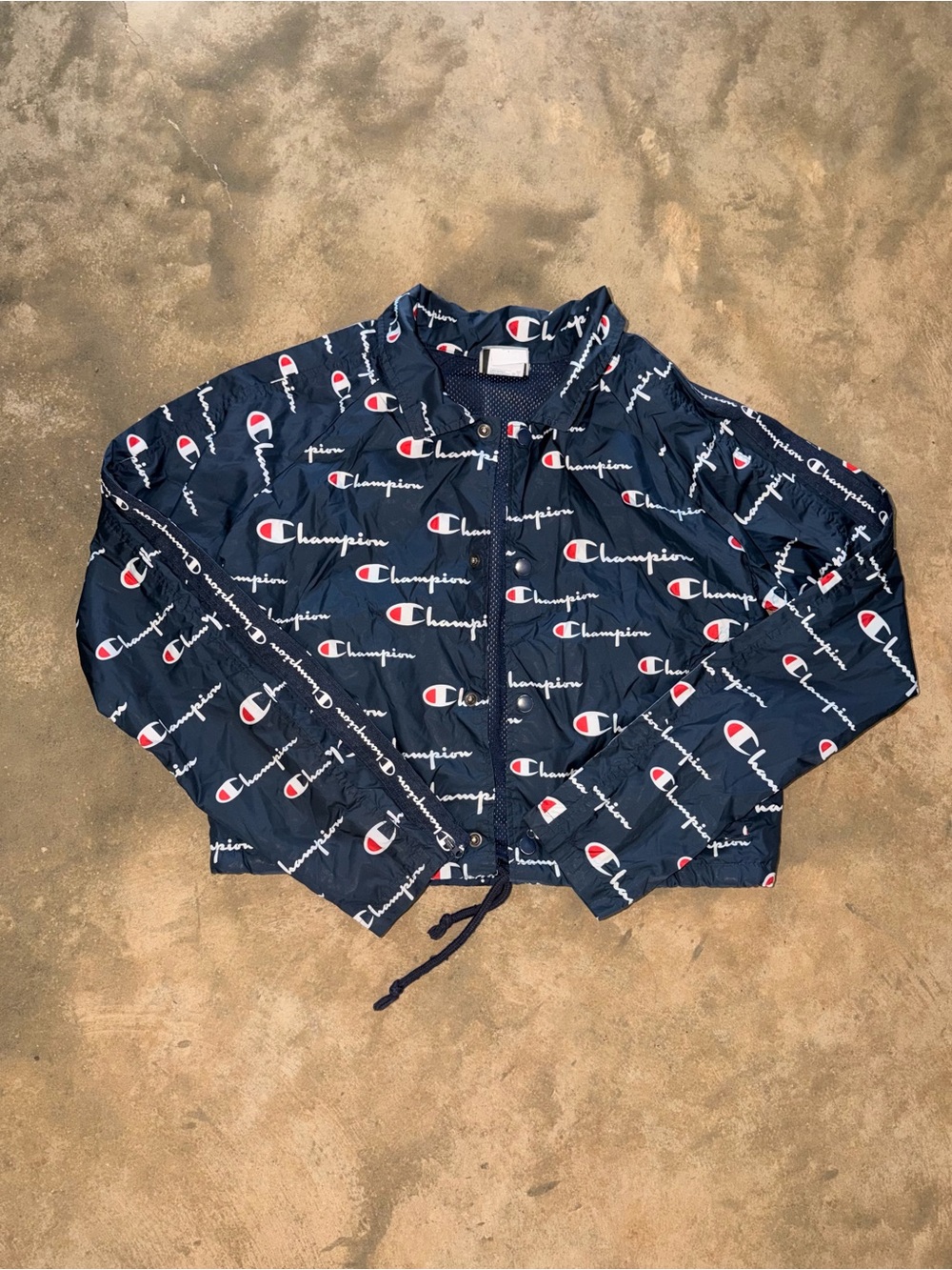 Champion All Over Logo Cropped Windbreaker Coach Jacket Navy Small Sleeve Zip